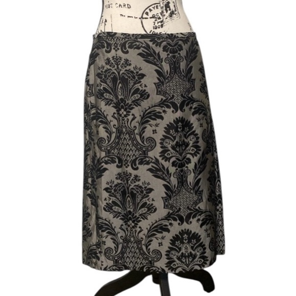 Vintage Anne Taylor Baroque Pencil Skirt Chic Silky Silver Grey Black Lining 8